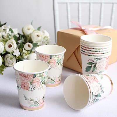 24 White 9 oz Pink Peony Flower Design Disposable Paper DRINKING CUPS Events