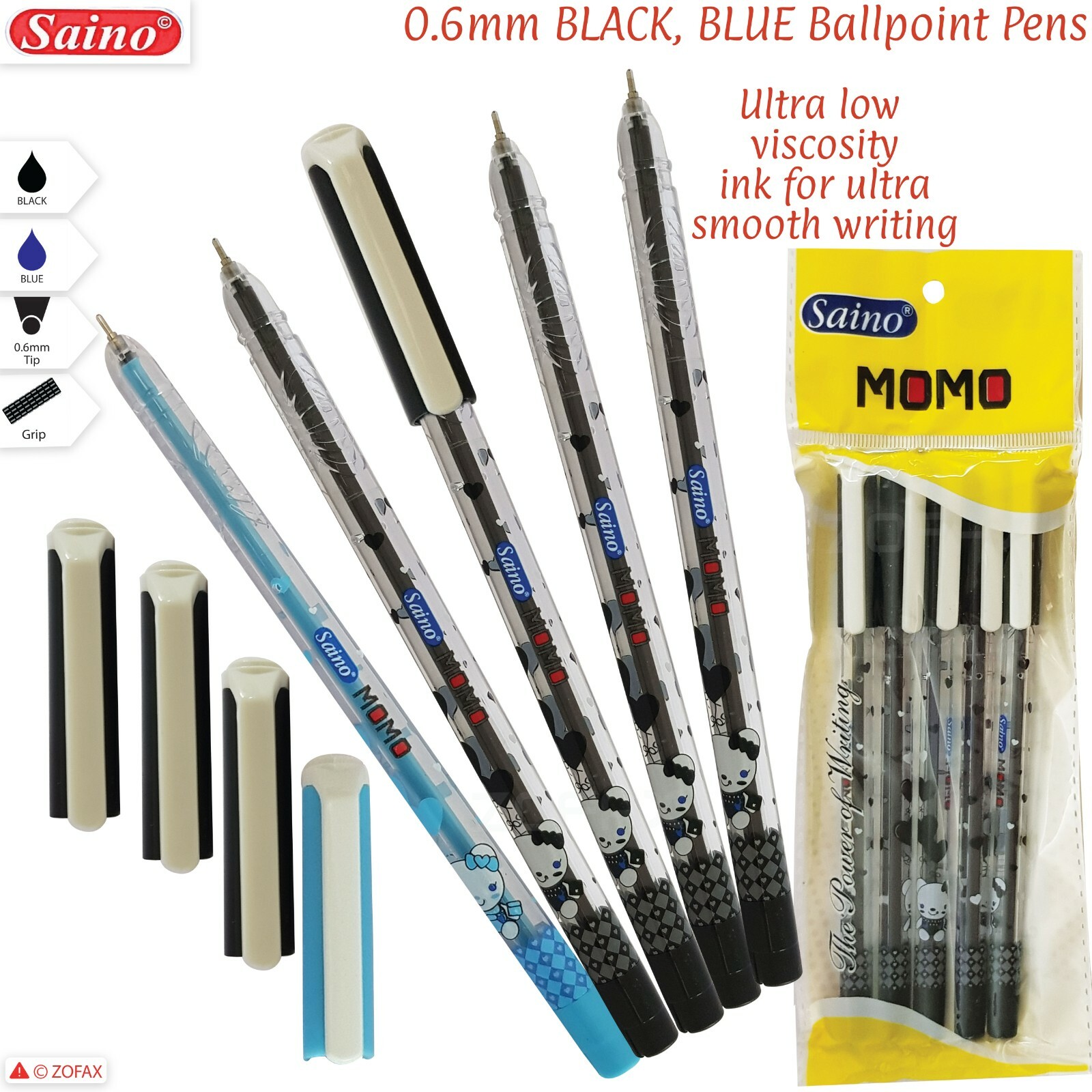 SAINO High Quality Ball Pens 0.6mm Fine x5 x10 BLACK BLUE Ball Point