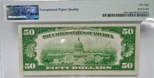 1934 $50 Fr. 2102-Jdgs Dark Green Kansas City PMG 58 Serial J00546230A - Picture 2 of 3