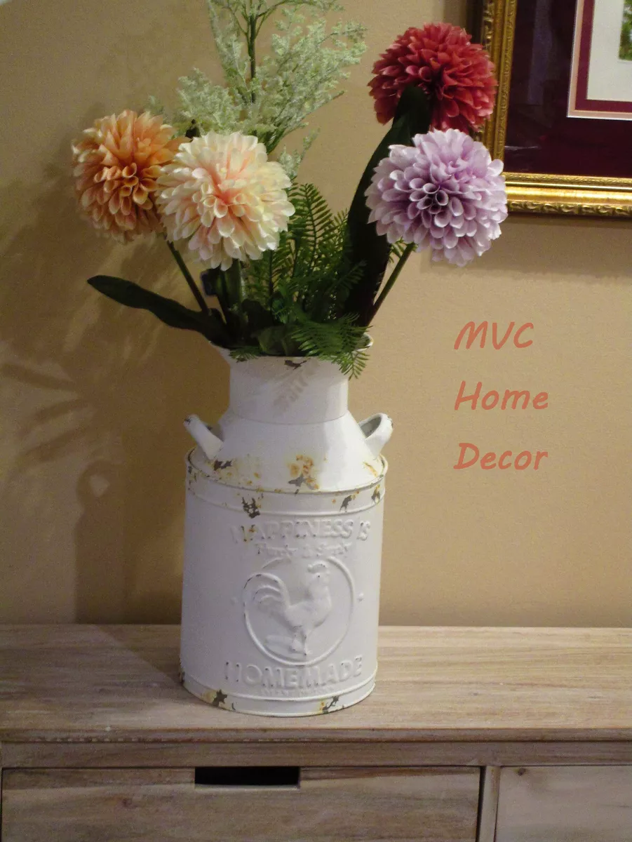 Metal Milk Can Flower Vase White Farmhouse Embossed Rooster Home Decor 14