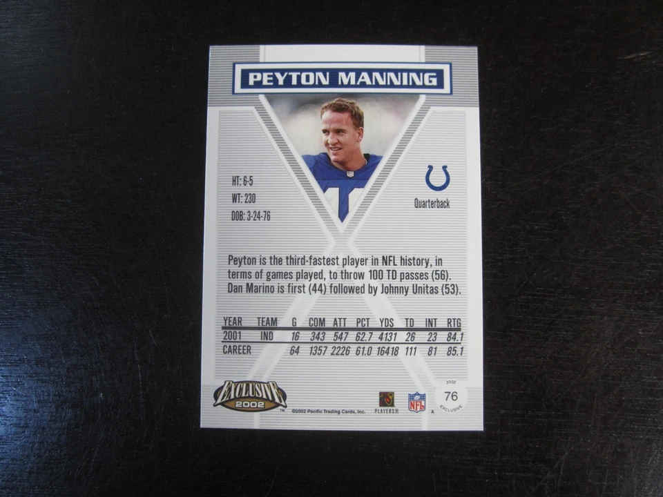 2002 Pacific Exclusive # 76 Peyton Manning Card (B61) Indianapolis Colts - Image 2 of 2