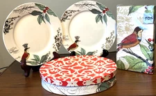 PPD Fringe Studio (2) 8" Porcelain HOLLY BIRD PLATES & (15) 13"x16" NAPKINS -NIB