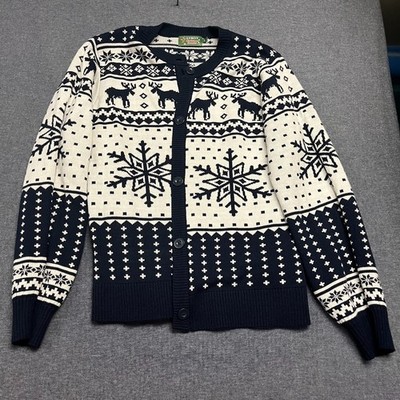 LUBOT Christmas Women's Sweater Size L Blue White Snowflake Moose Fair Isle
