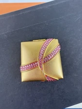 Estee Lauder Lucidity Powder Compact Pink Ribbon Gems Mini Gold Tone Transparent