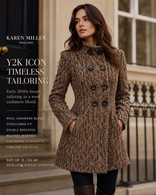 Karen Millen Y2K Wool Cashmere UK 12 Blend Tailored Coat Brown Textured Militar