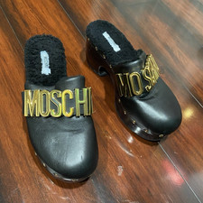 Moschino Women  s Black Leather Logo Studded Slip On Clog Mule US 9
