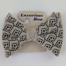 1970s Vintage Black Cream Lace Overlay Bow Tie Oversized Large Butterfly Clip On