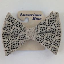 1970s Vintage Black Cream Lace Overlay Bow Tie Oversized Large Butterfly Clip On