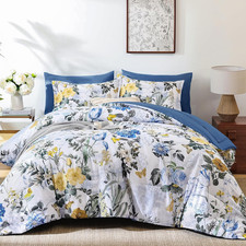 Blue Comforter Set Queen, 7 Pieces Bed in a Bag Botanical Floral Comforter Beddi
