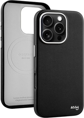EasyAcc iPhone 16 Pro Hülle Eco Leder mit MagSafe Metalltasten Schwarz-Silber