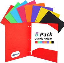 8 Pack Plastic Folders with Pockets 3 Hole Punched, Assorted Color