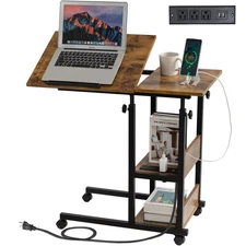 Adjustable C Table with Charging Station, Tiltable Desk C Shaped End Table fo...