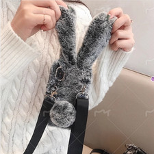 Funda de teléfono 3D de felpa esponjosa de piel sintética conejo espalda suave para mujer + correa bandolera