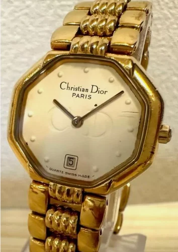 Montre Christian Dior octogonale à quartz ton or 15 cm bracelet vintage JUNK