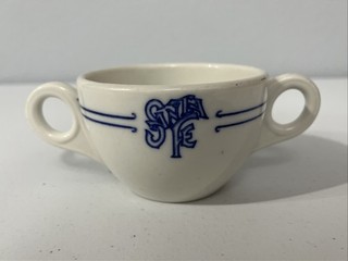 SANTA FE Railroad Dining China "Bleeding Blue” Pattern Double Handled Cup