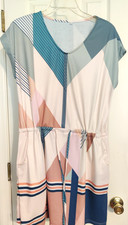 Hippie Abstract Knit Stretch Dress Size Large Retro 1960s Draw String Waist EUC