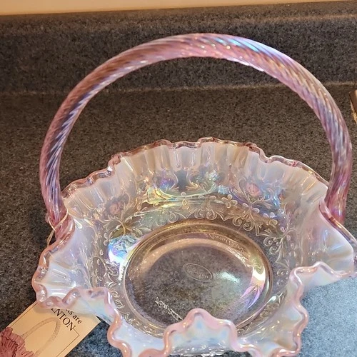 Fenton Hand Painted Iridescent Glass Basket Pink Handle Floral Design
