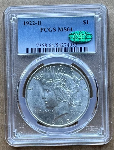 1922-D $1 PCGS MS64 CAC 1922 D PEACE SILVER DOLLAR
