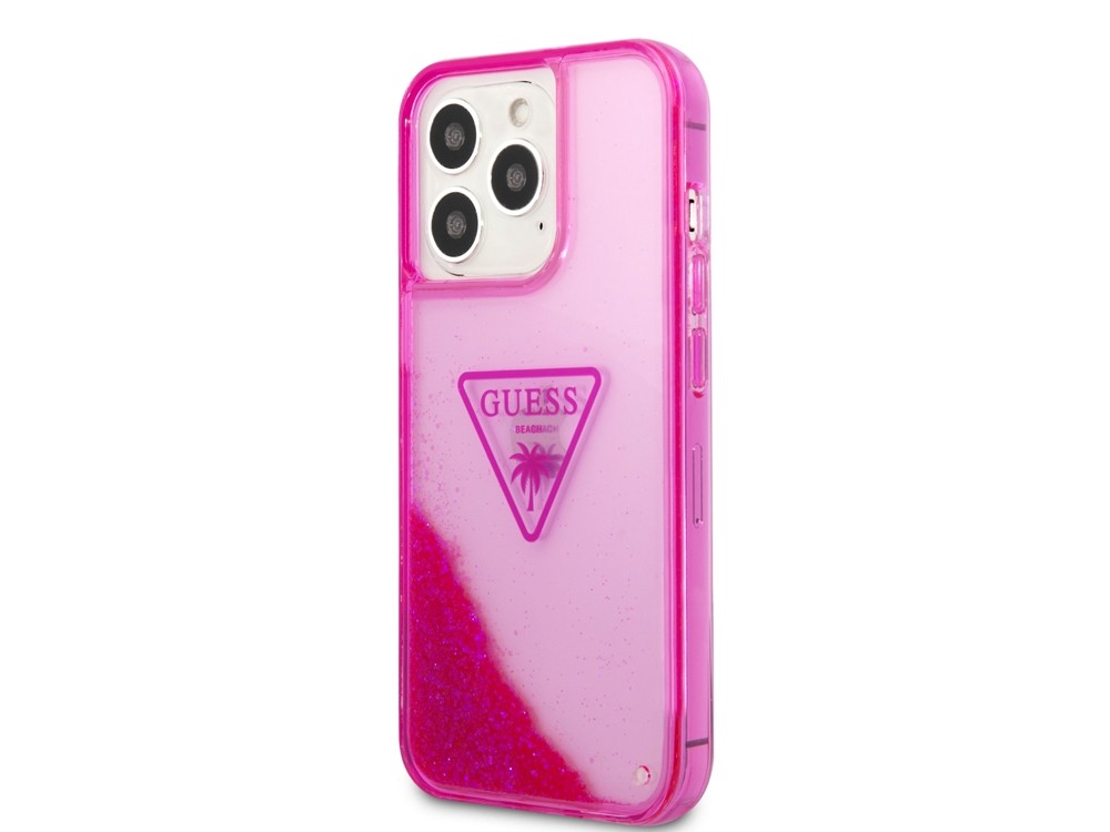 Coque rigide Guess pour iPhone 14 Pro Max Glitter Palm Rose avec paillettes brillantes