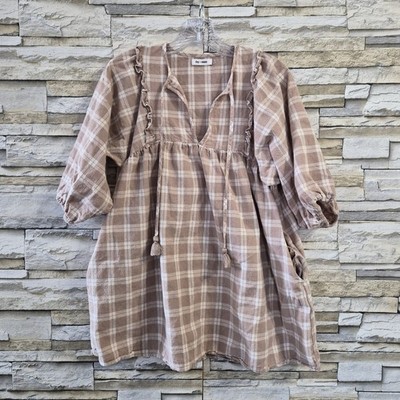  Day + Moon Tunic Dress Women Small Tan Plaid Cottagecore Puff Sleeve Baby Doll