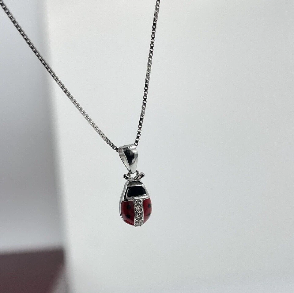 Collana coccinella rossa portafortuna puntiluce brillanti femminile argento 925. - Immagine 2 di 4