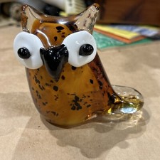 Hand Blown Art Glass Owl Figurine Black Gold White / Murano Or Murano Style