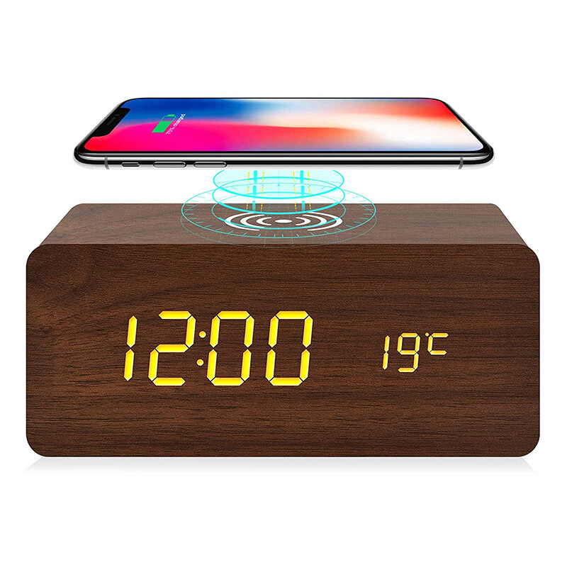 Wooden Electric Alarm Clock w/Wireless Charging Pad LED Charger for