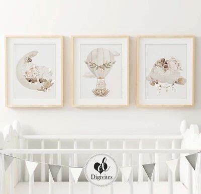 Baby, boho Nursery Wall Art Print Set of 3. Hot Air Balloon, moon, clouds, sheep