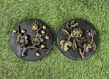 1973 MILLER STUDIO CHALKWARE BATHROOM SET 2 FLORAL FLOWER BLACK GOLD WALL PLAQUE