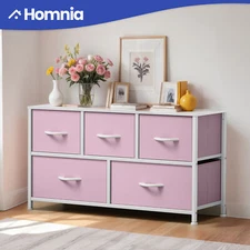 Chest of Dresser 5 Drawers Fabric Pink Solid Organizer Storage Cabinet Bedside