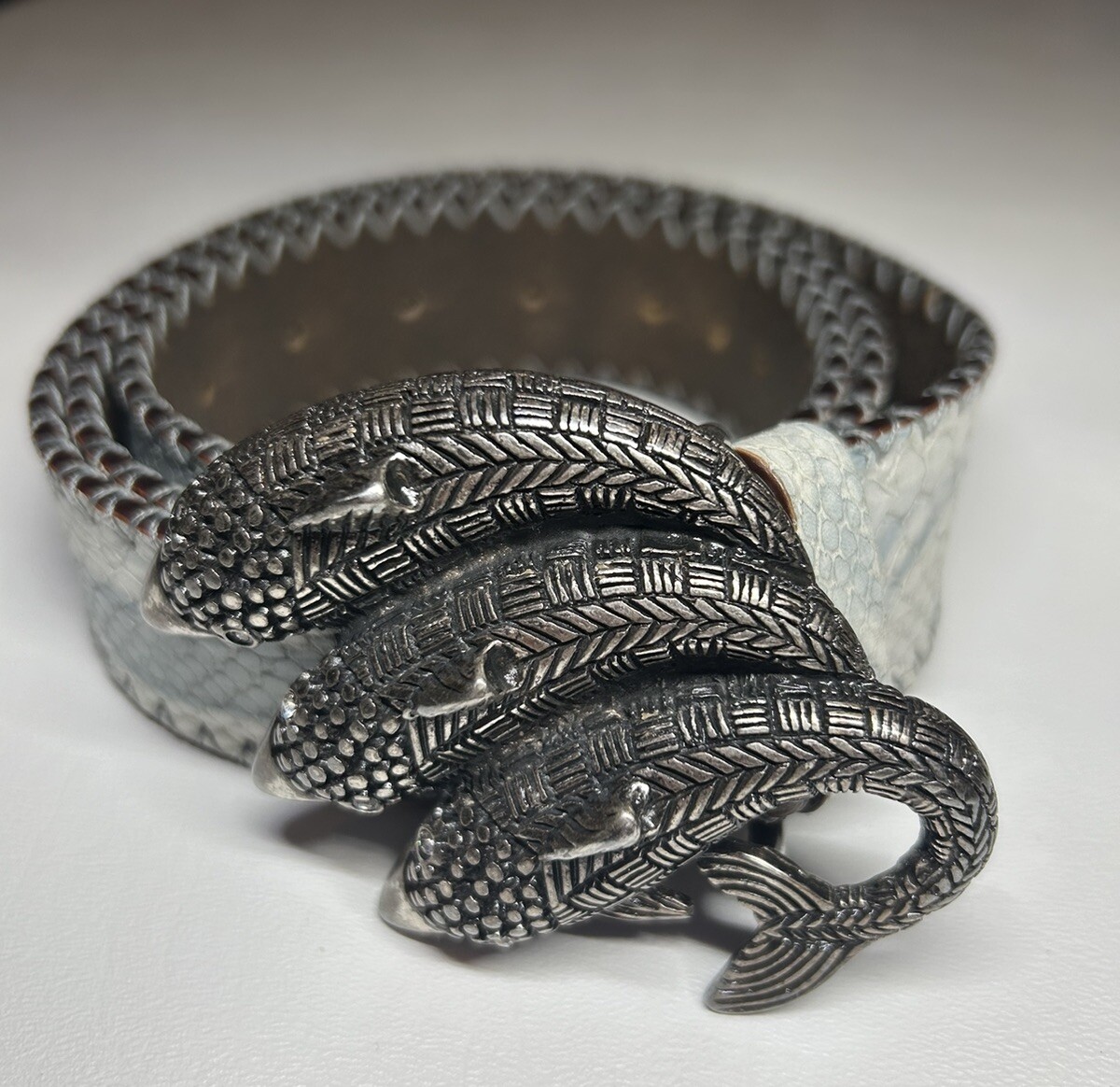 Post And Co Made Italy Leather Belt 3 Dolphins Buckle Rare 