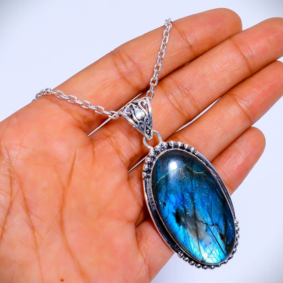 Natural Labradorite Oval Pendant  handmade sterling silver 925 pendant for Gift - Image 2 of 4