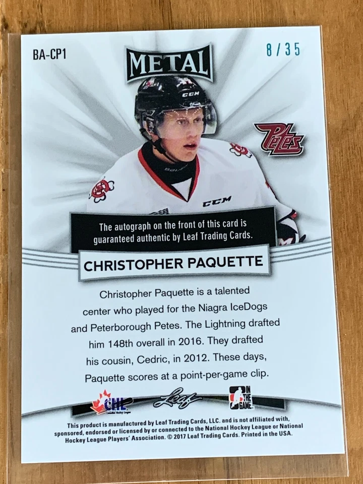 2016-17 Leaf CHL Metal Blue Auto Christopher Paquette 8/35 #BA-CP1 (B011) - Image 2 of 2