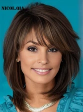 Medium Length Layered Hair Brown Human Hair Blend Heat Ok Women Natural Wigs