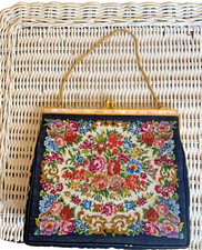 Vintage Handmade Exquisite Petit Point Embroidery Handbag with Mother of Pearl