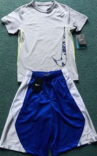NWT Nike Boys YSM Gray/Blue/White BIG SWOOSH Shorts Set Small