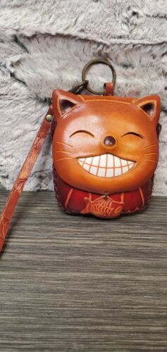Smiling Grinning CAT 3D 4" Leather Tooled Coin Pu… - image 1