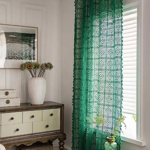 Boho Strick Aushöhlen Fenstergardine Landhaus Retro Häkel Transparent Gardinen - Bild 13 von 25