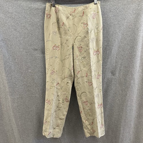 Prominence Pants Women Size 8 Silk Linen Blend Floral Embroidered Lined Vintage