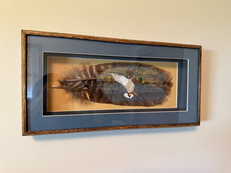 Hand-painted Feather Art by Chris - Mallard Duck in Shadow Box frame -signed C E