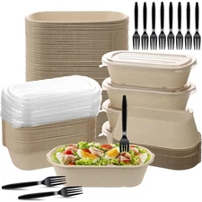 50 Pack 23 Oz Disposable Meal Prep Containers Paper Bowls with Lids and Forks...
