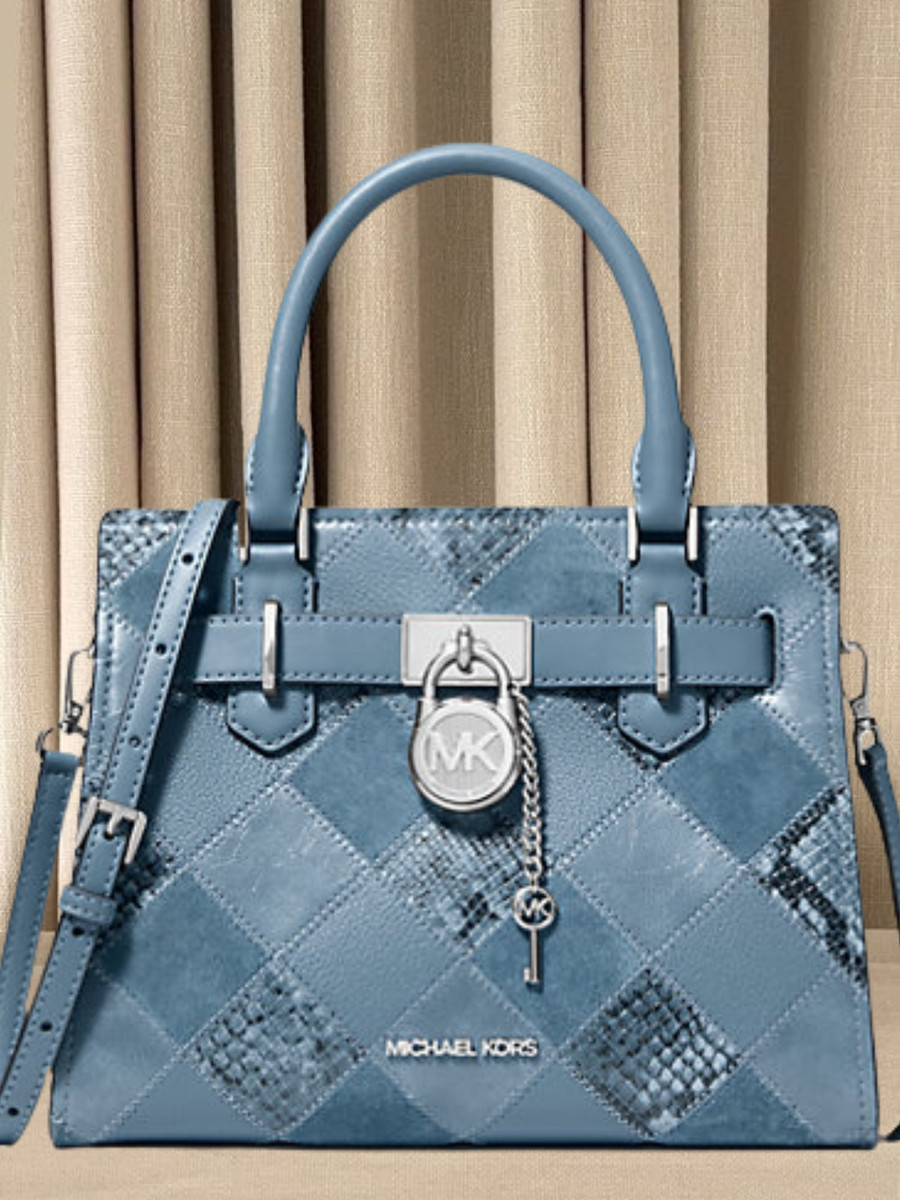 Michael Kors Hamilton Small Patchwork and Snake Embossed Satchel Bag  Cornflower