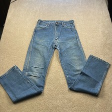 Vintage Wrangler 13MWZ Jeans 35x34 USA Made Cowboy Cut Blue Denim Distressed