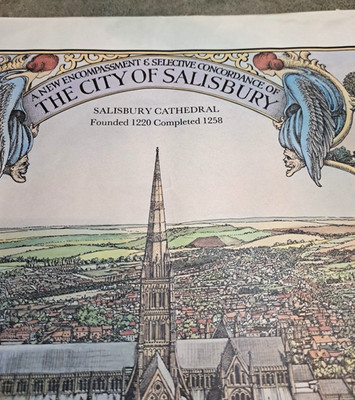 ENGLAND Salisbury 1982 Poster Map 16x20 Cathedral Stonehenge Birds Eye View