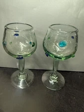 Hand Blown Mexican Confetti Dots Wine Water Glass Goblet Cobalt Blue Green