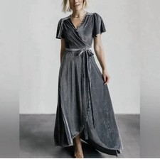 Baltic Born Size-XL Andi Ribbed Velvet Maxi Wrap Dress Gray