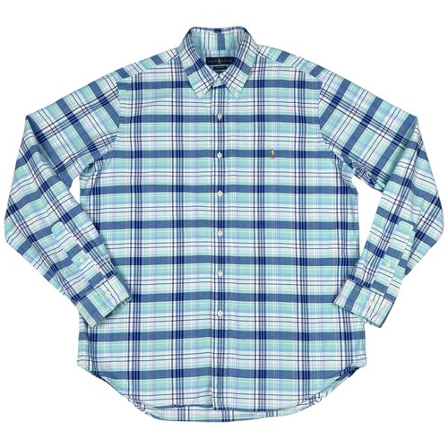 Polo Ralph Lauren Shirt Mens Large Flesh Pony Blue Teal Plaid Oxford Button Down - Picture 2 of 15