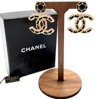 Orecchini a goccia originali Chanel grandi CC Coco Mark oro nero rosa C23C WBox V060429