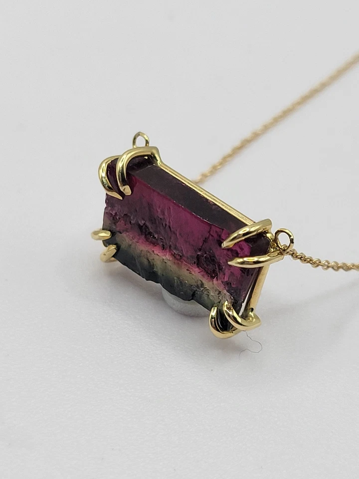 Watermelon Tourmaline Slice Pendant 14k solid yellow gold 20x12mm - Image 3 of 4