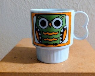 Vintage Japan Stackable Owl Mug Green Orange Heart Handle 3.5” Retro Coffee Cup